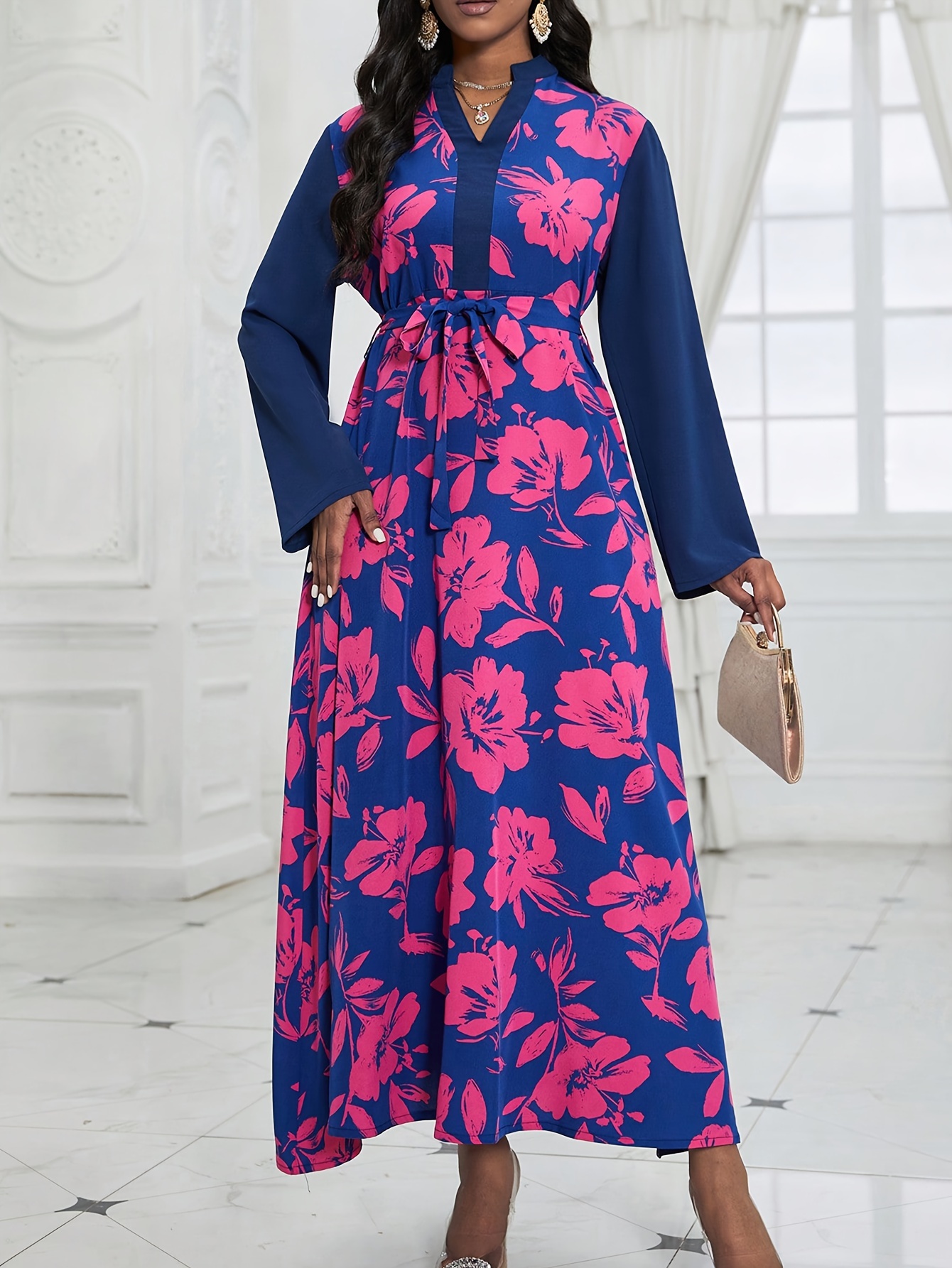 Floral Print Color Block Aline Abayas Elegant Notched Neck - Temu Canada