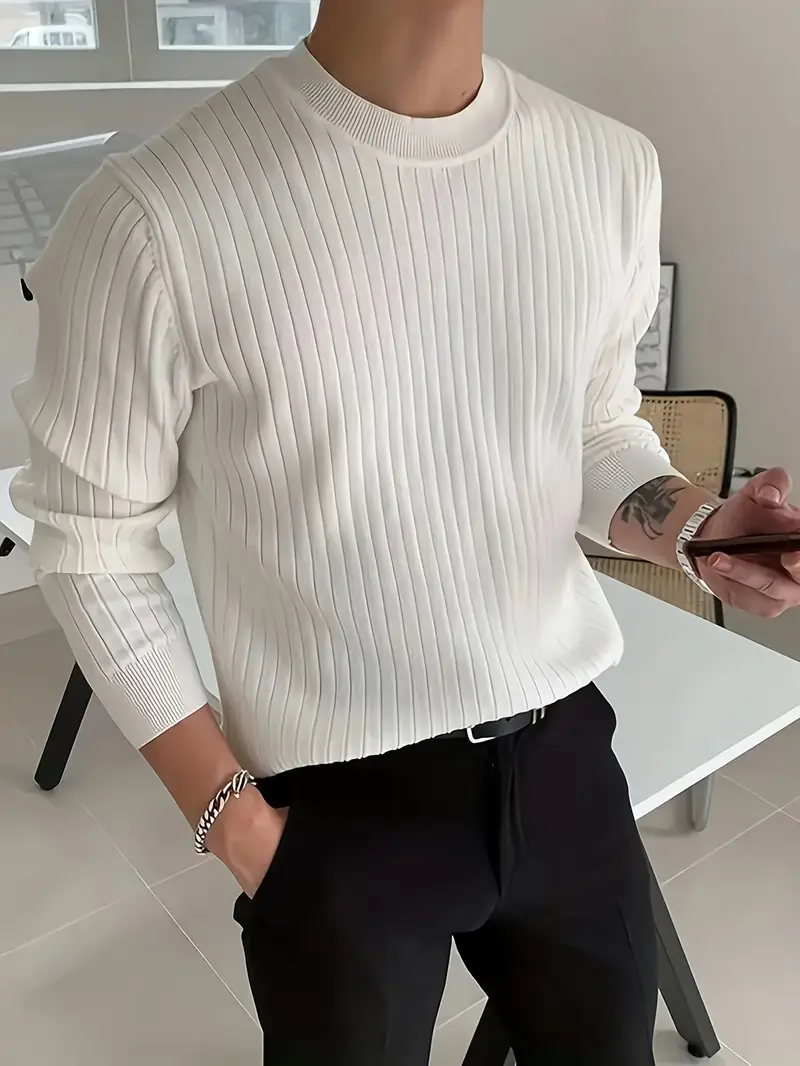mens fashion casual crew neck long sleeve knit sweater regular fit ribbed pullover tops for spring and fall details 5