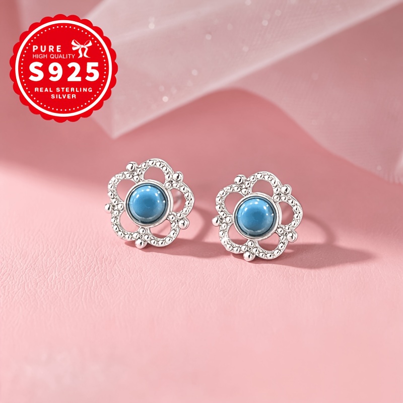 Women's Hollow Blue Pine Flower Stud Earrings, S925 Silver