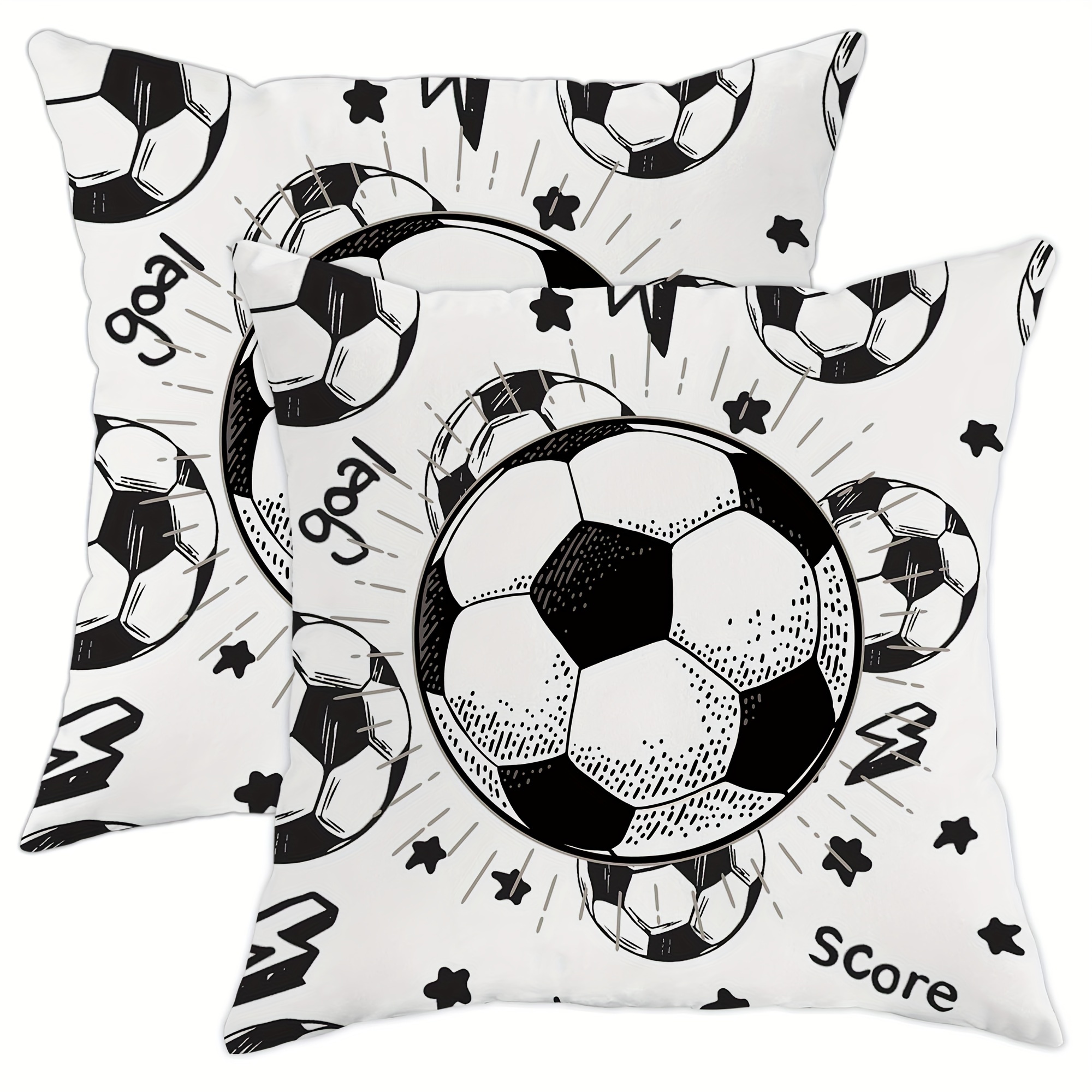 

2pcs Football Cartoon Pattern 18x18 Inches Short Plush Throw Pillow Covers, Soccer Star Design, Cute White Decorative Cushion Covers For Living Room Sofa Chair, Square, No Insert
