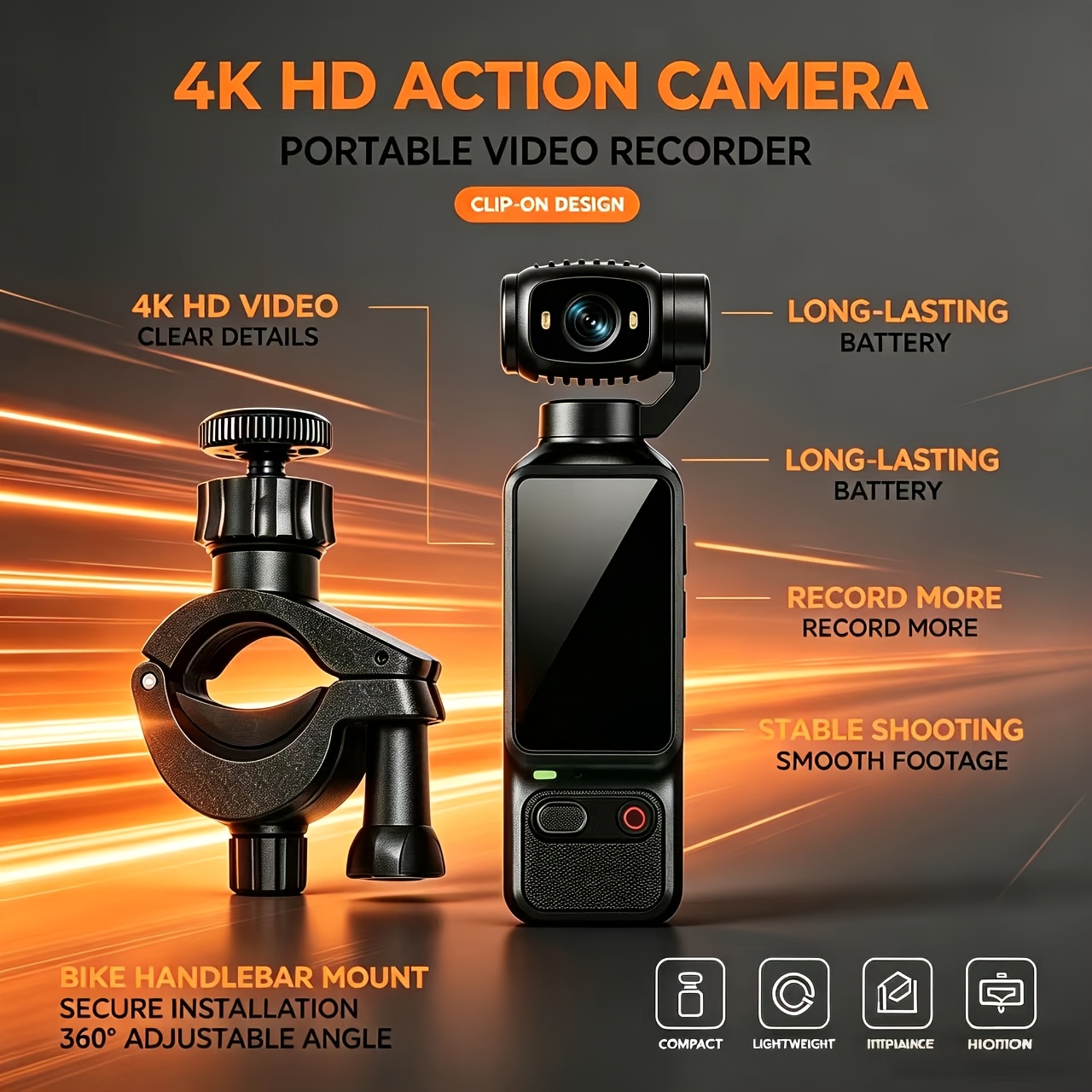 TEMU 4k Ultra Hd Handheld Action With Bike Handlebar Mount, Stable Shooting And Long-lasting Battery, Compact Lightweight Portable Video Recorder For