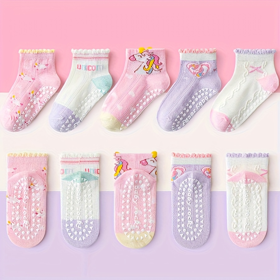 Image of 5-pair Children's Floor Socks With Lace, Dot- Heart And Unicorn Patterns, Soft-soled Indoor Non-slip Rainbow Pony Mid-calf Socks For Boys, Girls, Toddlers, And Children, Suitable For Casual Daily Wear