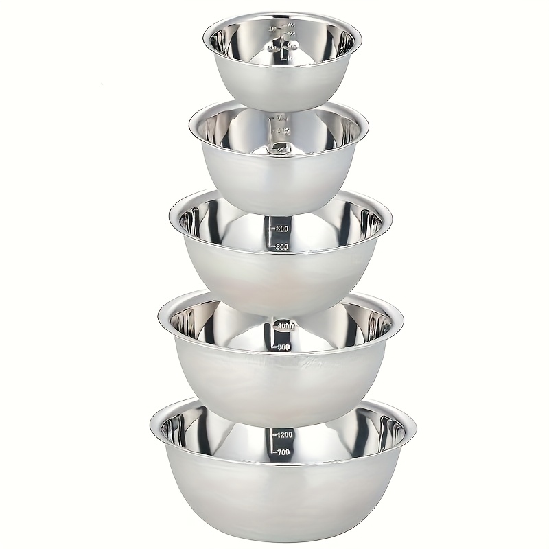 TEMU 5pcs Stainless Steel Bowl Set With Scale Multifunctional Cooking Pot, Baking Vegetable Preparation Fruit 3-in-1, Rustproof And Easy To , Home And Outdoor Use, Holiday Gift Box Set