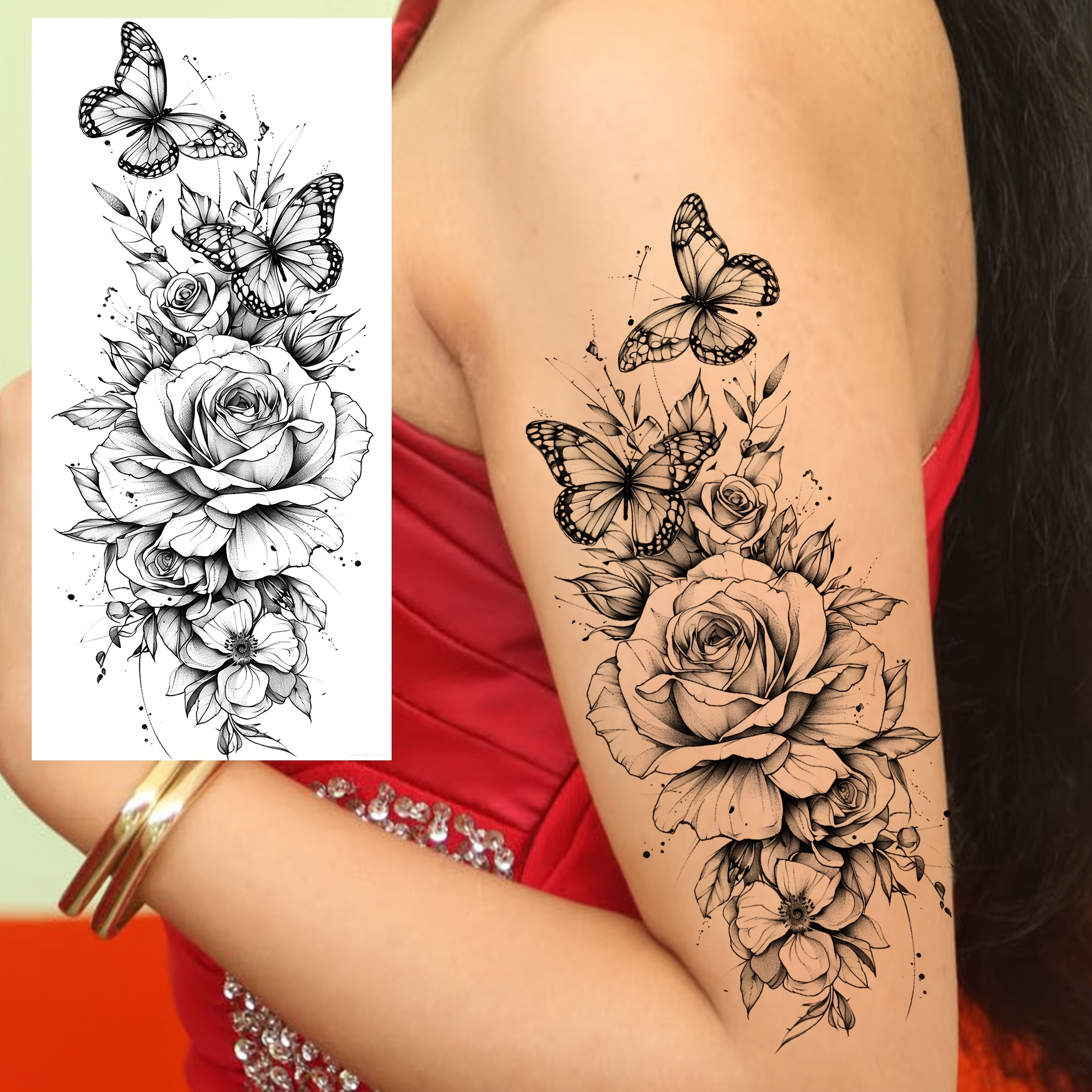 A Temporary Tattoo Of A Peony Rose For Women, Suitable For Men's And Thighs, Featuring Waterproof And Realistic Designs, Ideal For Adults Long-lasting Bulk Half-sleeve Tattoos