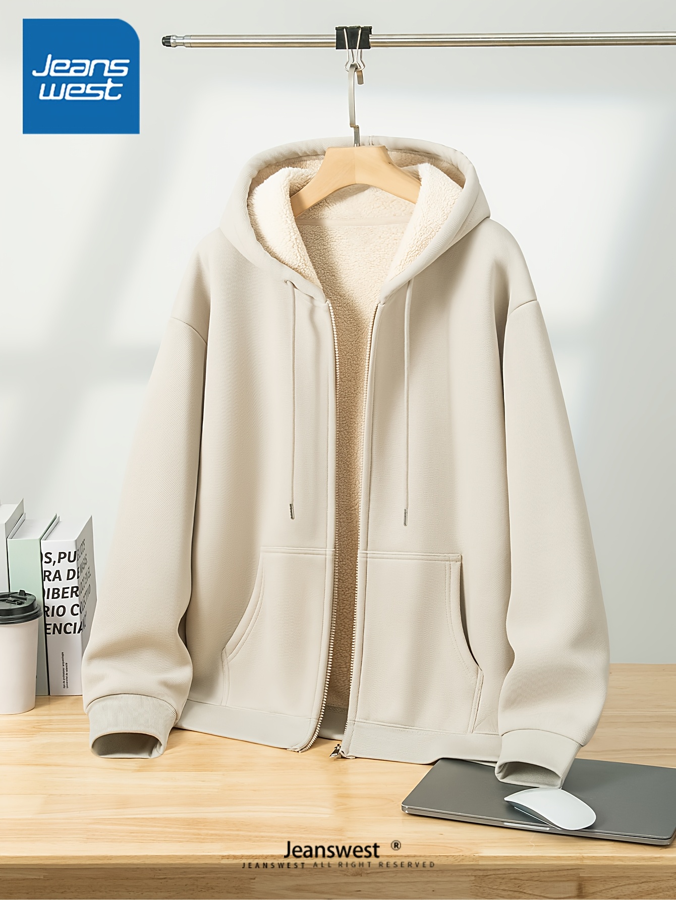 *'s Trendy Thick Fleece-Lined Zip-Up Hooded Jacket Casual Sporty,  Polyester Blend, Long Sleeve, Solid Color Fall/Winter