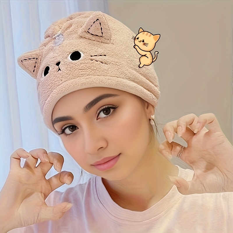 

1pc Cat-like Coral Fleece Head Towel Wrap, Lovely Quick-drying Absorbent Hair Towel Gift, Cute Soft And Comfortable Hair Towel, Bathroom Supplies, Home Supplies