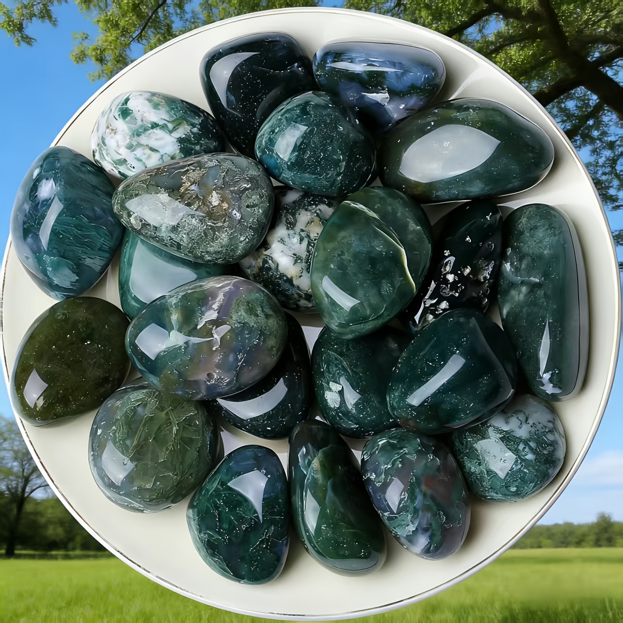 Natural Moss Agate Tumbled Stones, Large Polished Pocket Stones