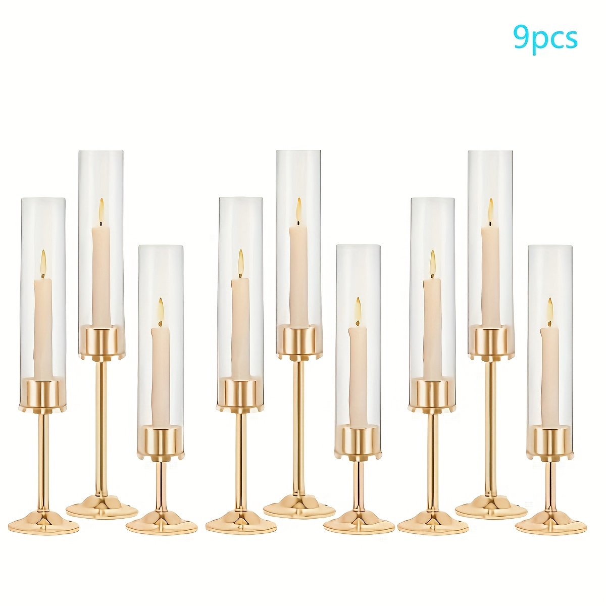 TEMU 9pcs Elegant Wedding Decor Set: Hurricane Candle Holders, Transparent Glass Cylinder Candles, Floral Candlesticks - Party Decoration Accessories