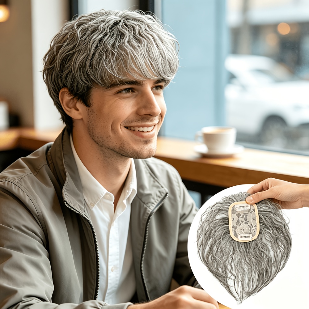 TEMU Men's Haircut With Short Wavy Gray Hair Pieces Of For Thinning Hair, Natural-looking For Men To Cover Gray Hair For Daily Wear