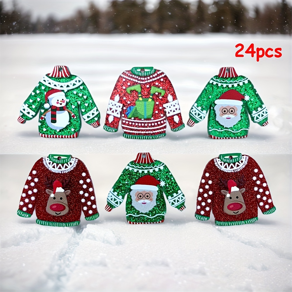 

24pcs Cute Christmas Elk Snowman Santa Claus Gift Box Red And Green Sweater Pattern Earrings Pendant Diy Earrings Keychain Acrylic Pendant Accessories Decorative Accessories