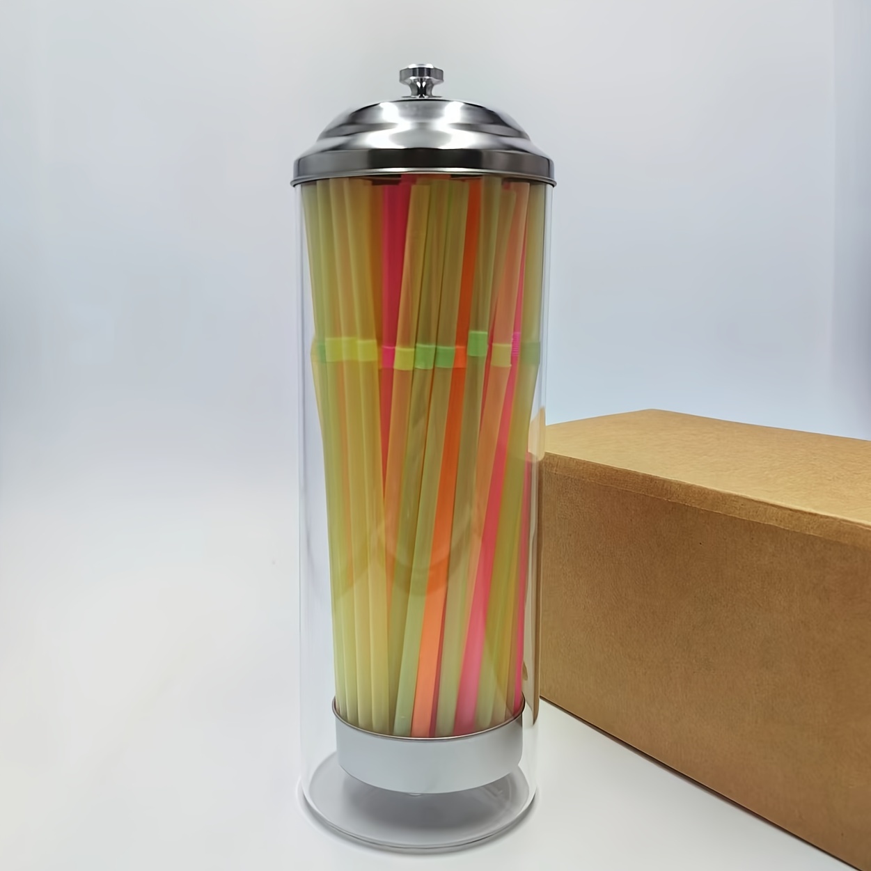 

Glass Straw Dispenser With Stainless Steel Lid, Food Contact Container, Includes Straws