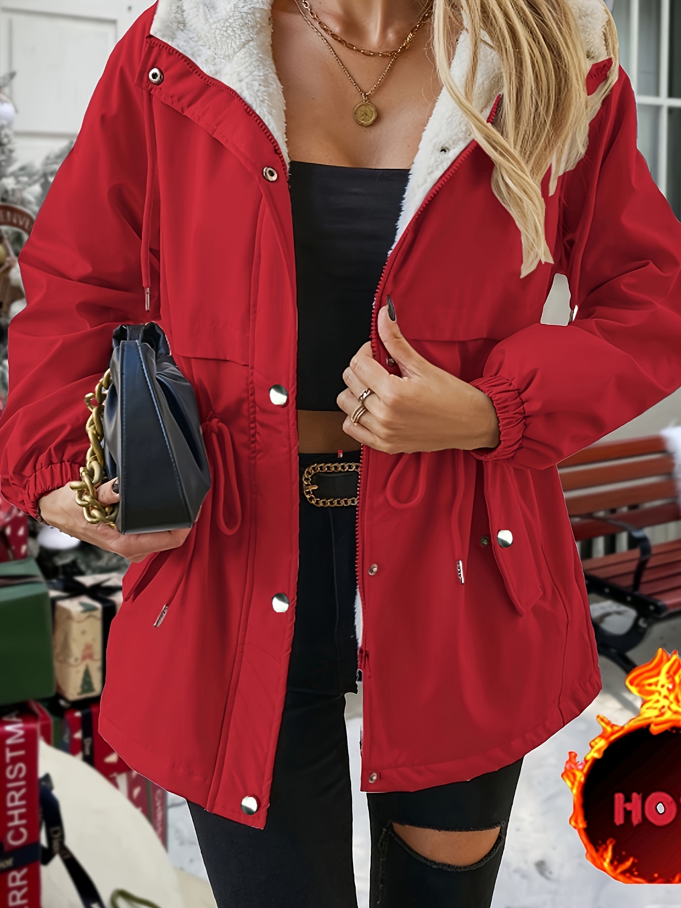 Chaqueta con Capucha Forrada de Piel Ártica para Mujer - Abrigo Invierno, Cáscara Exterior No Elástica para Gimnasio y Viajes, Ropa de Otoño/Invierno Lavable a Máquina, Diseño Elegante, Aislamiento Térmico, Ideal para Aficionados al Aire Libre - Imagen 3