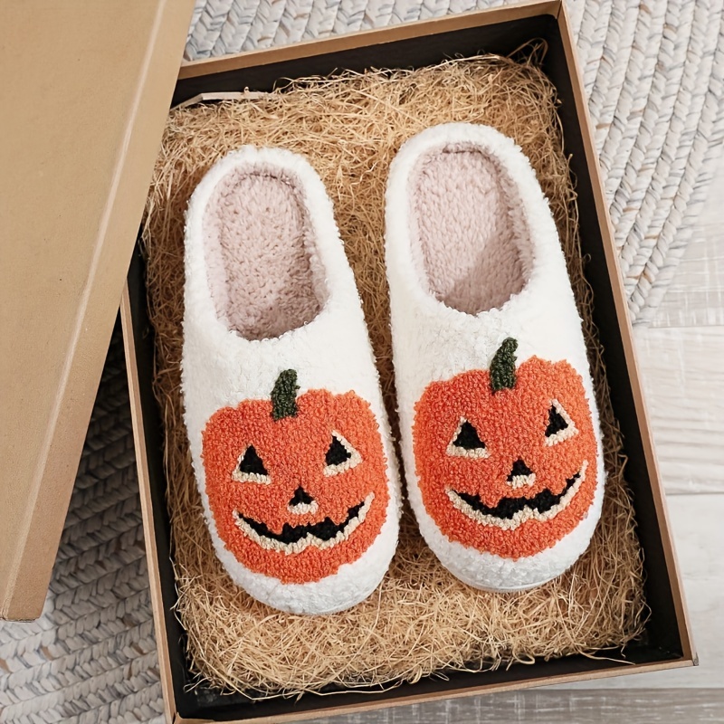 

Men's Cartoon Pumpkin Furry Slippers, Lightweight Non-slip Warm Closed Toe Slippers For Indoor Home Bedroom