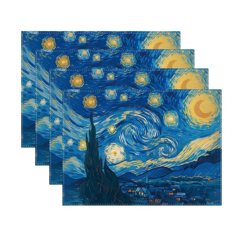 TEMU Van Gogh Starry Night Inspired Linen Placemats (4pcs Set) - Durable, Washable & Heat-resistant Table Mats For Dining Decor | Perfect For Home,
