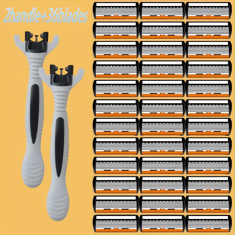 Image of 2 Handles + 36pcs Of 6-layer Stainless Steel Safety , Men's Manual Razor Replacement
