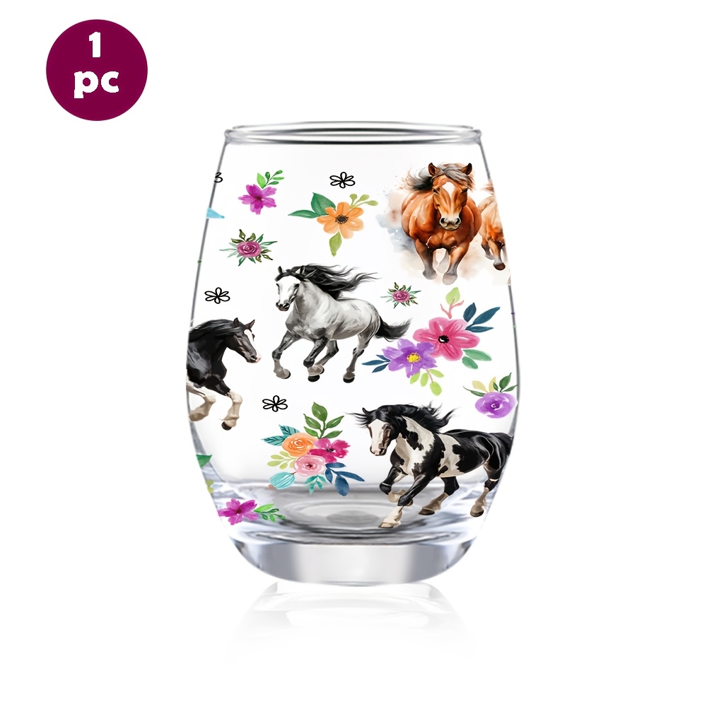 TEMU 1pc/12oz/350ml/stemless Wine Glasses,champagne And Whisky Glass,party Cups For Indoor Outdoor Home Office Bar Weddings And Toasts,horse Flower