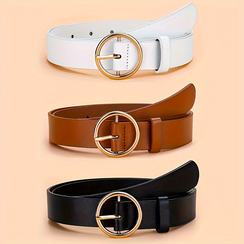 

Women's Belt Set Of 3 - Casual & Sporty Style, Versatile For Weekend And Daily Wear, Fashionable Slim Design Pu Belts With Circular Buckle