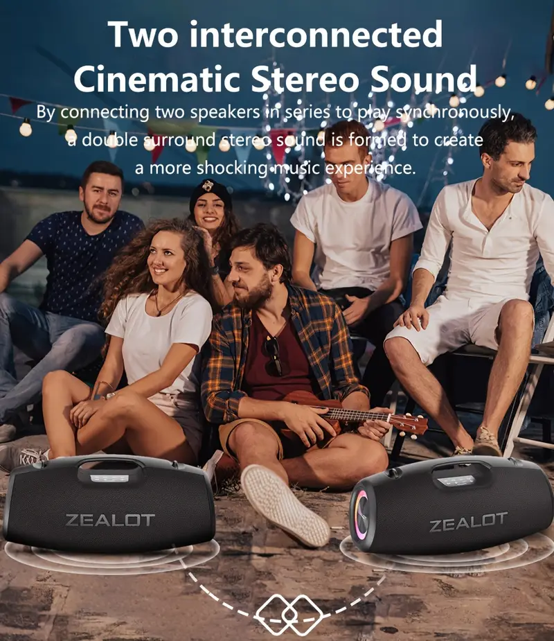 s78 100w portable wireless speaker with ipx5 high quality, 36h playtime, wireless 5.3, dual pairing, shoulder strap & usb-c charging - bass for , camping, beach, camping gear, stylish audio, construction, party hosts details 6