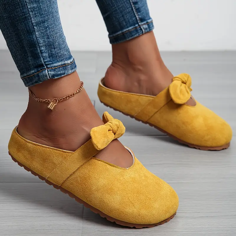 womens slip on mules with thick eva sole comfortable round toe platform shoes soft fabric upper bow detail versatile casual formal wear cute shoes formal footwear decorative durable footwear cn35 eu35 5 yellow 8