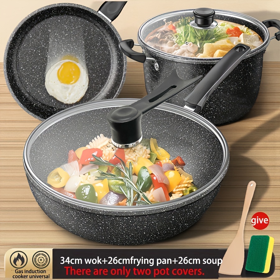 3pcs non stick   set with lids   soup frying wok pans for versatile kitchen use details 1