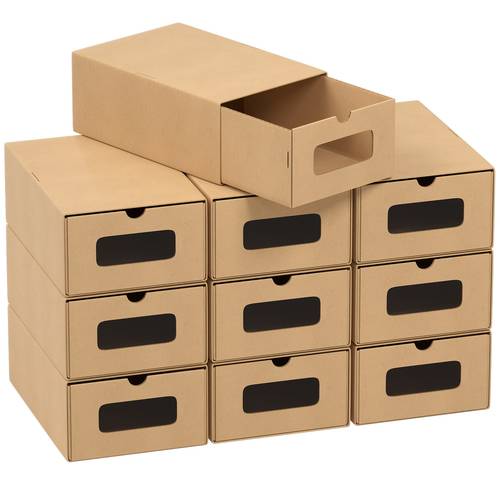10pcs set of storage boxes with transparent windows and drawers 33x30x35 cm stackable cardboard shoe boxes ideal for storing additions and jewelry brown