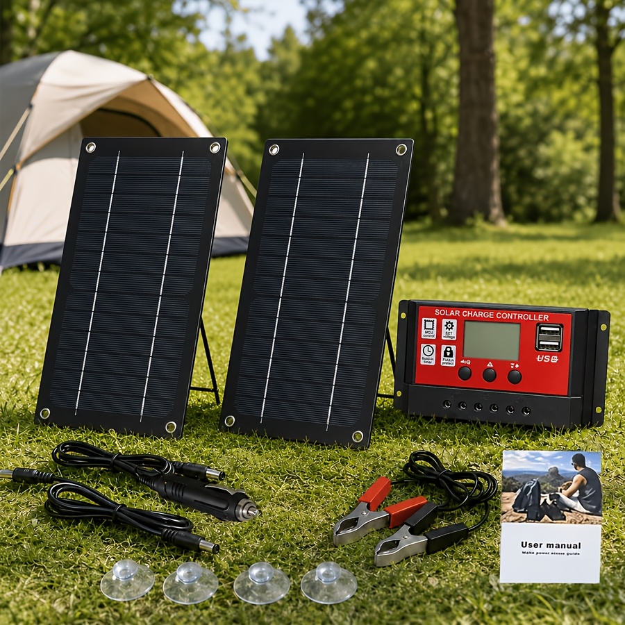 TEMU Portable Solar Panel Kit - Powerful Outdoor Charging Set With Usb/18v Controller & Alligator Clips For Rv, Boat, Home Emergency, Camping & Road