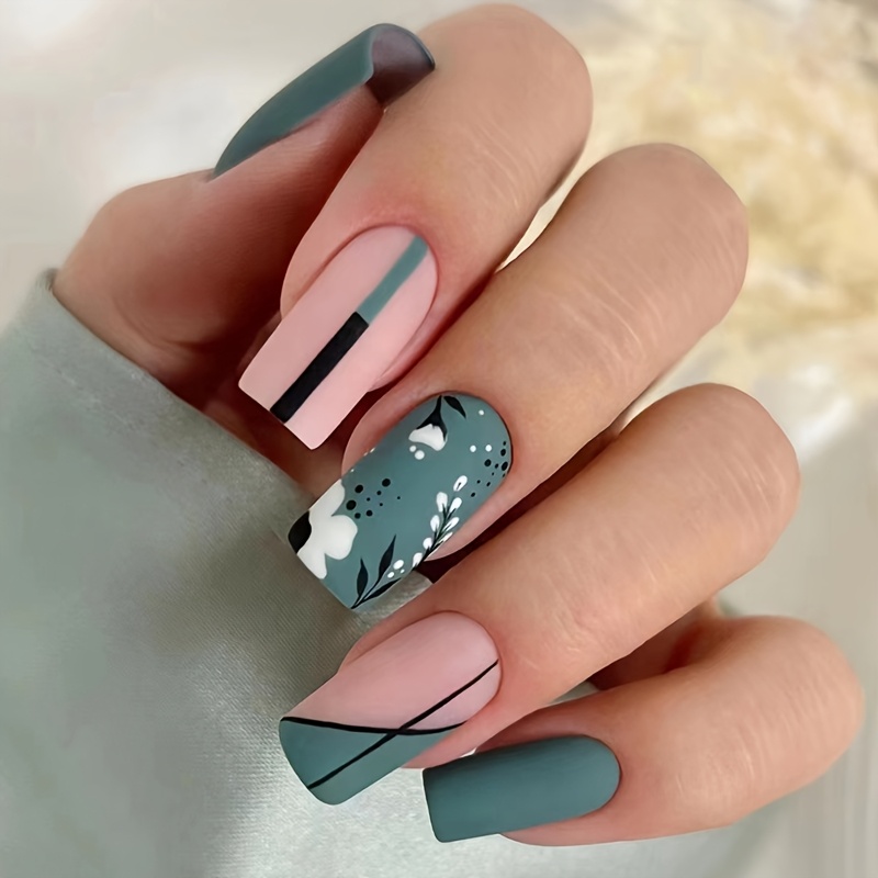 24pcs of medium long european square frosted texture olive green small floral fashion hot girl nail wear nail sheets 1 roller 1 jelly   0