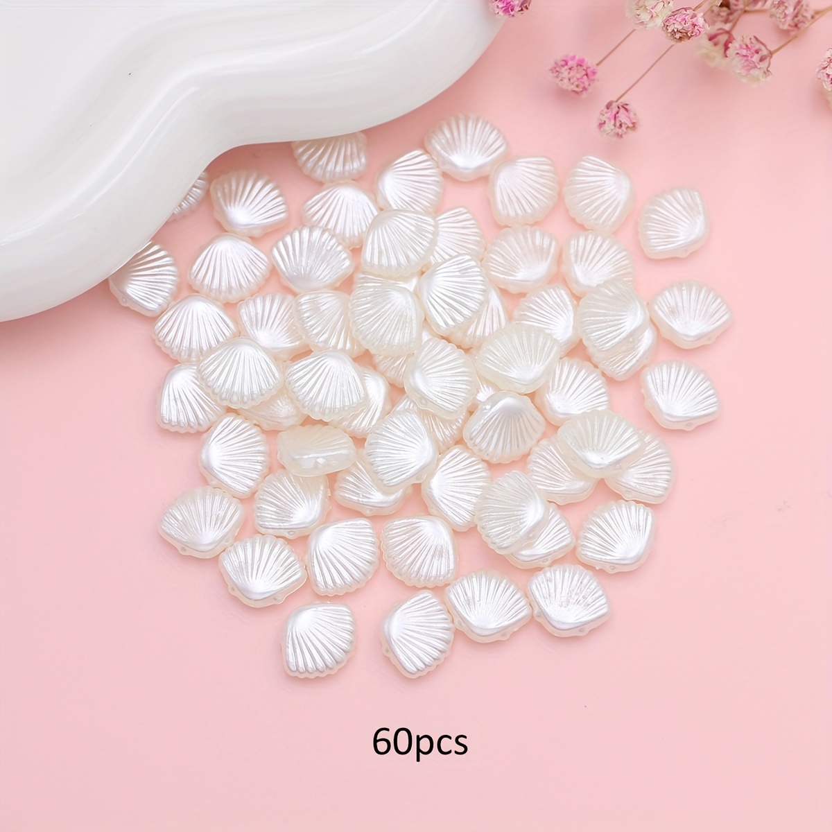 60pcs Of Small White Plastic Seashell Beads For Crafting Jewelry, Including Handmade Necklaces, Bracelets, And Keychain Additions