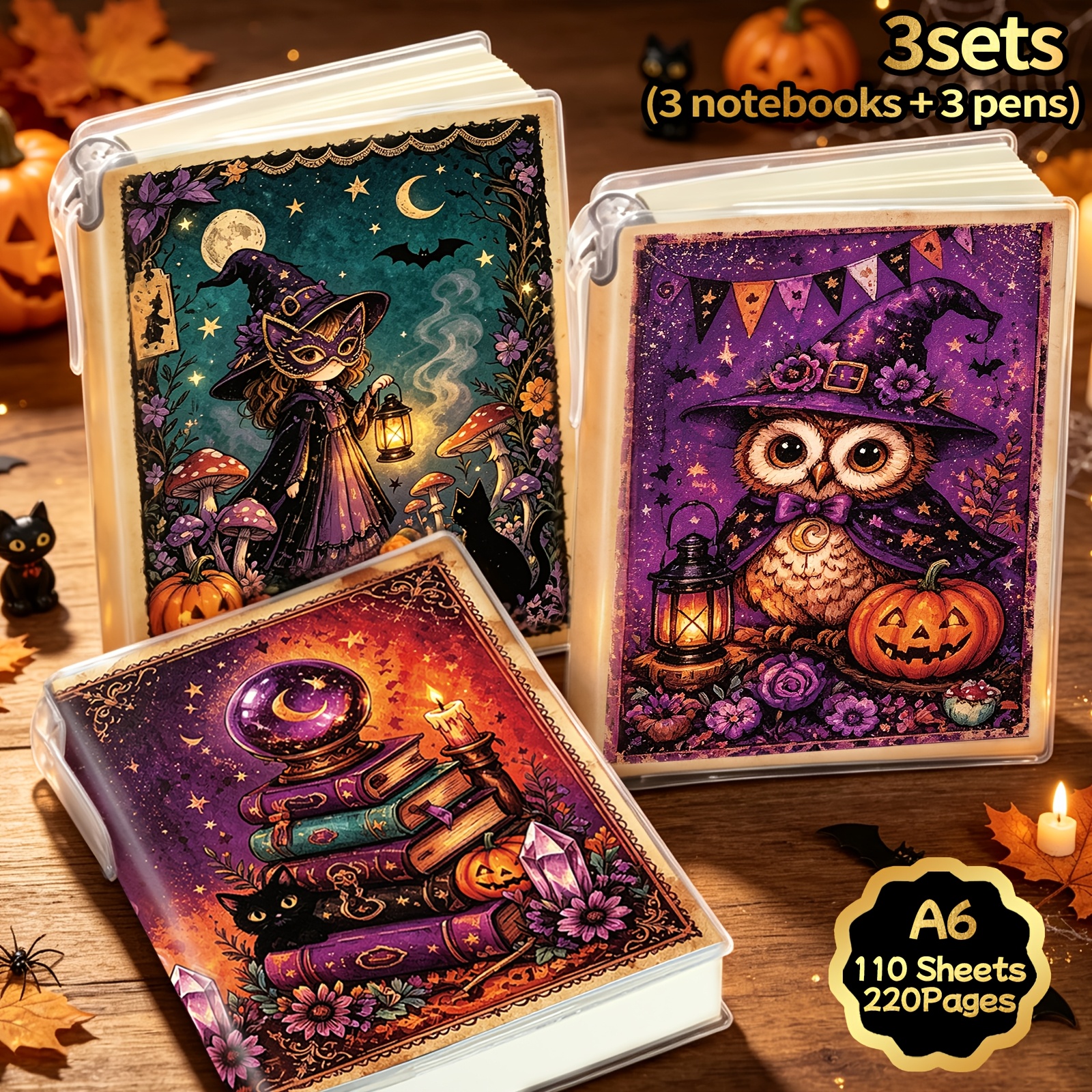 TEMU 1 Set/3 Sets, A6, 220 Pages, Halloween Notebook (pen Included), Portable Pocket Notebook, Lined Notebook, Eva Clear Plastic Cover, Diary Book,