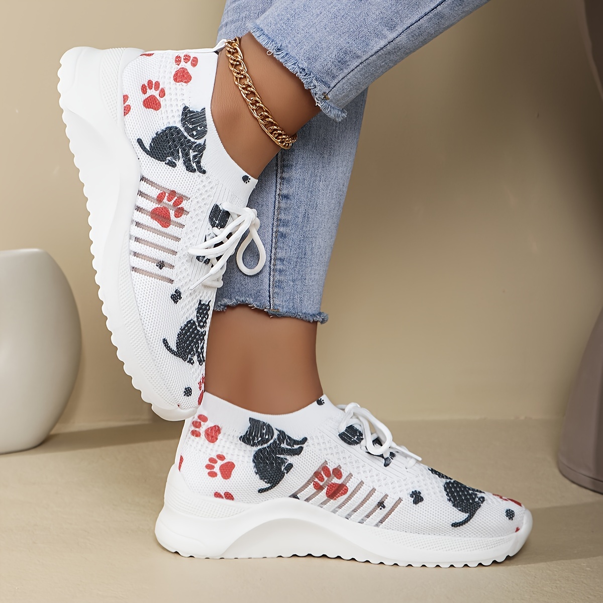 

Women's Black Cat Pattern Sneakers, Breathable Lace Up Knitted Platform Trainers, Comfy Outdoor Walking Shoes