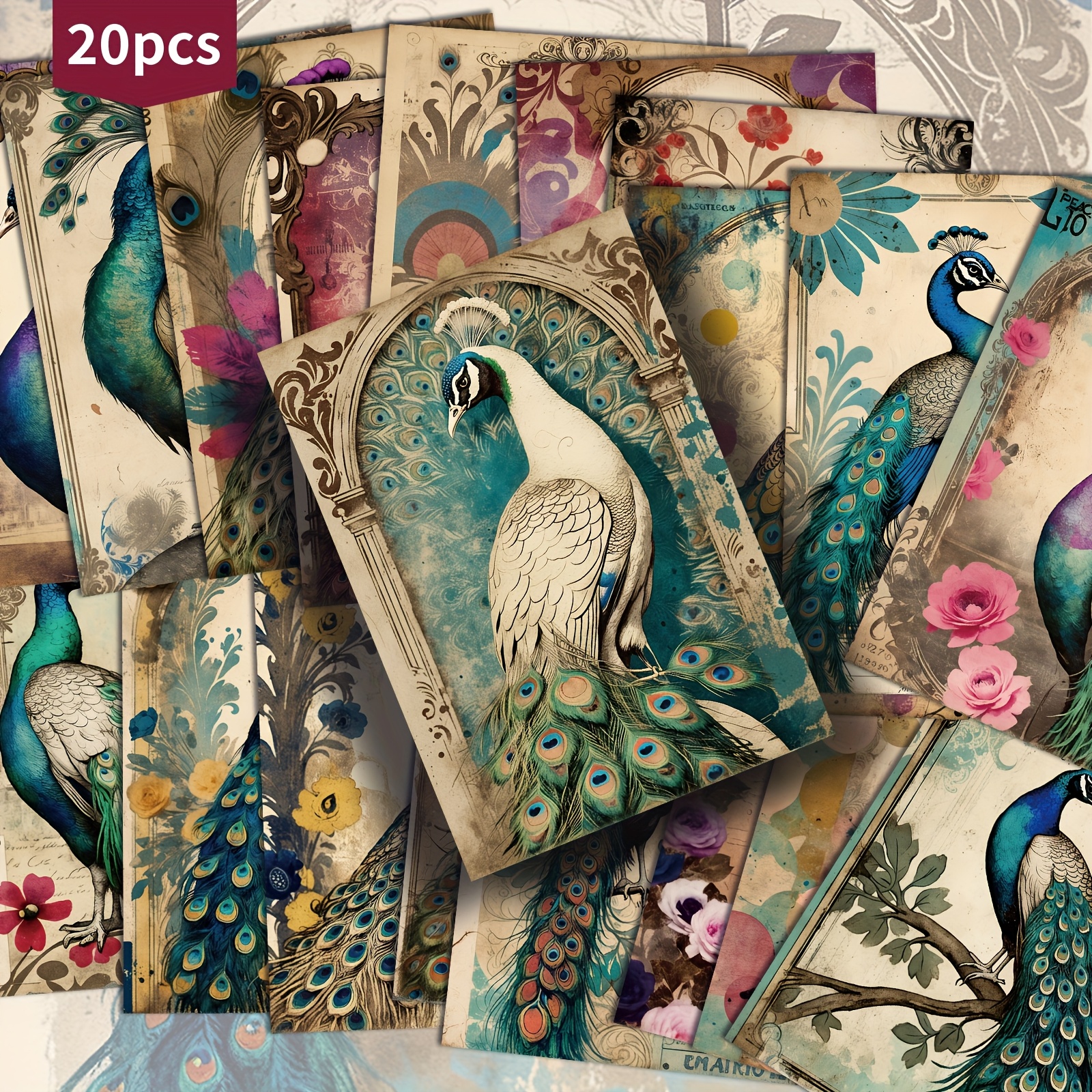 TEMU Set Of 20 Vintage Peacock Postcards - 4x6 Inches Featuring Classic Pinup Art, Junk Journals, Scrapbooking, And Crafting