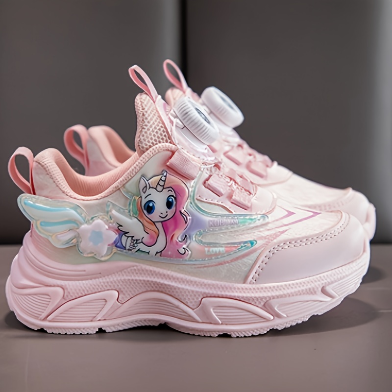 girls cartoon sneakers with rotating button cushioned non slip thick sole casual running shoes for teens breathable fabric wear girls shoes details 6