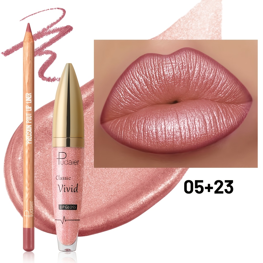 Image of 2pcs Set Of Pearlescent Lip Gloss And Lip Liner, Lip Combo - Long-lasting Sparkly Lip Gloss, Lip Liner To Define Lips, Create Full Lips, Perfect Gift
