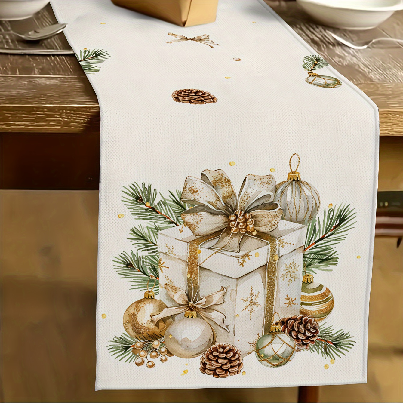 

Christmas Linen Table Runner – 100% Linen Knitted Fabric, Rectangular Decoration With Gift And Ornament Design, Indoor Outdoor Party Accessory For Christmas Season