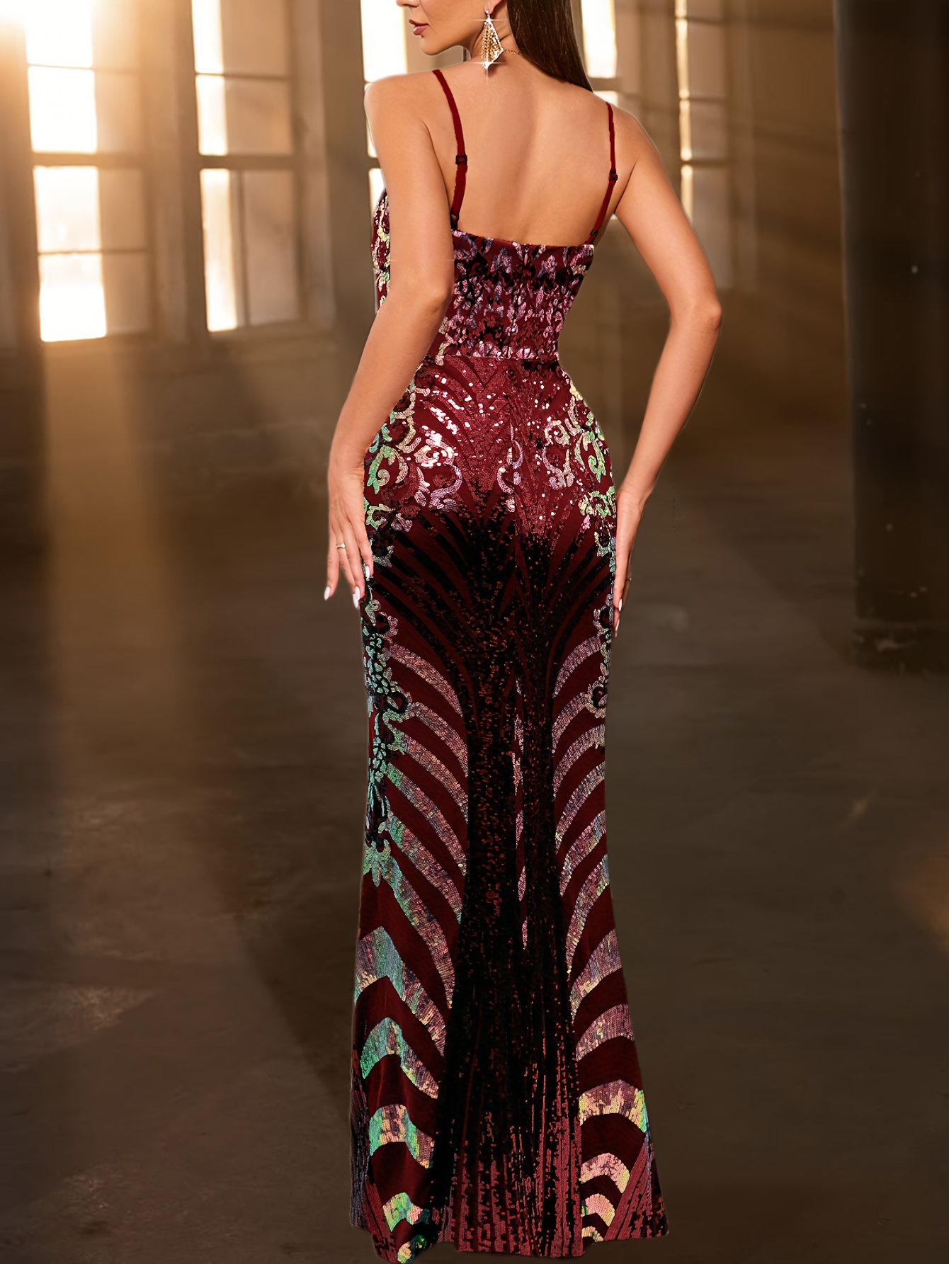 elegant backless sequin evening gown women burgundy - Temu Mauritius