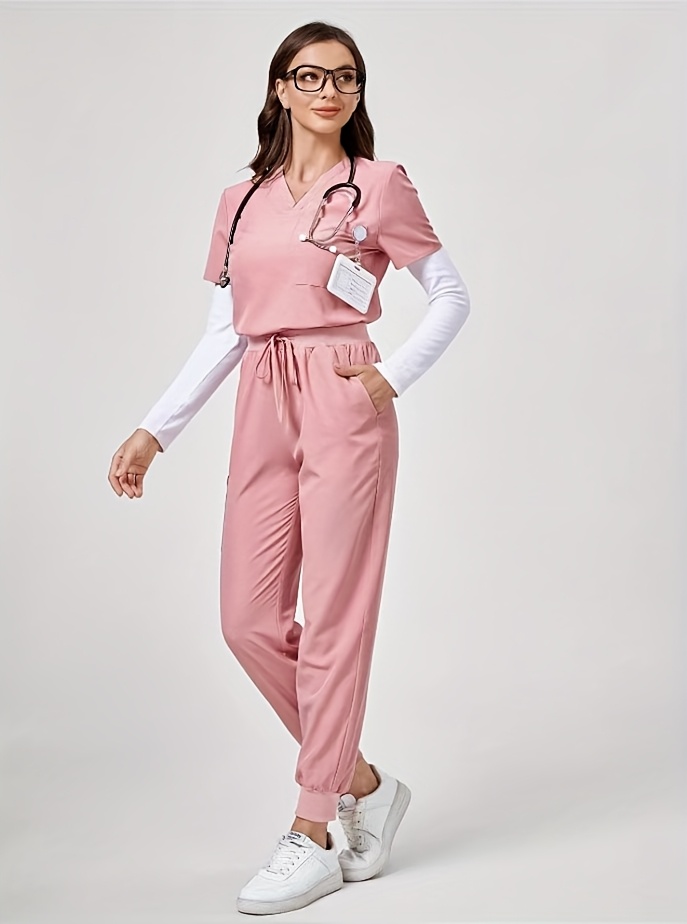 Conjunto de Bata de Enfermera con Cuello en V y Manga Corta, Bolsillo y Pantalón con Lazo Delantero