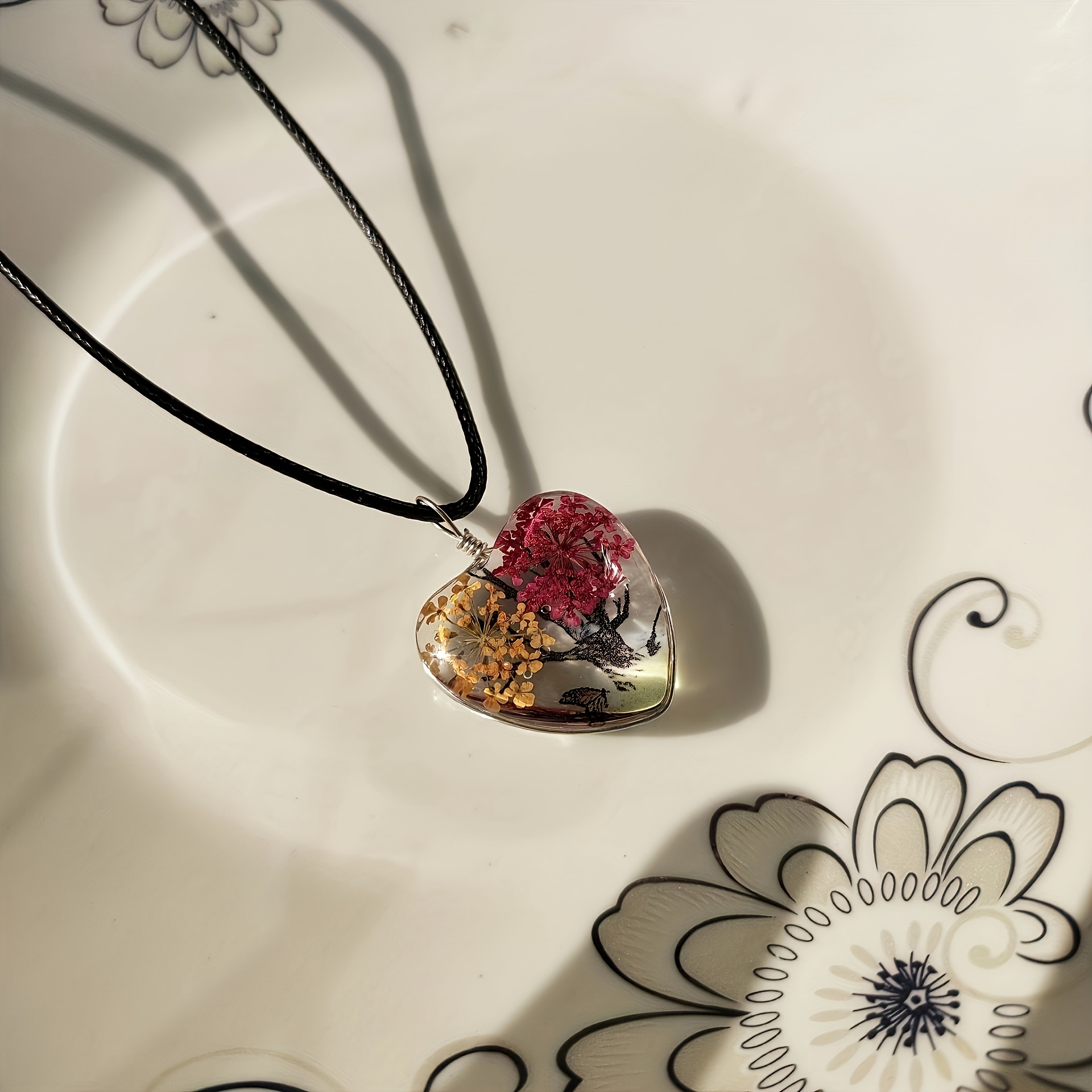 10pcs Heart-Shaped Glass Flower Tree Pendant Necklaces, Adjustable Cord