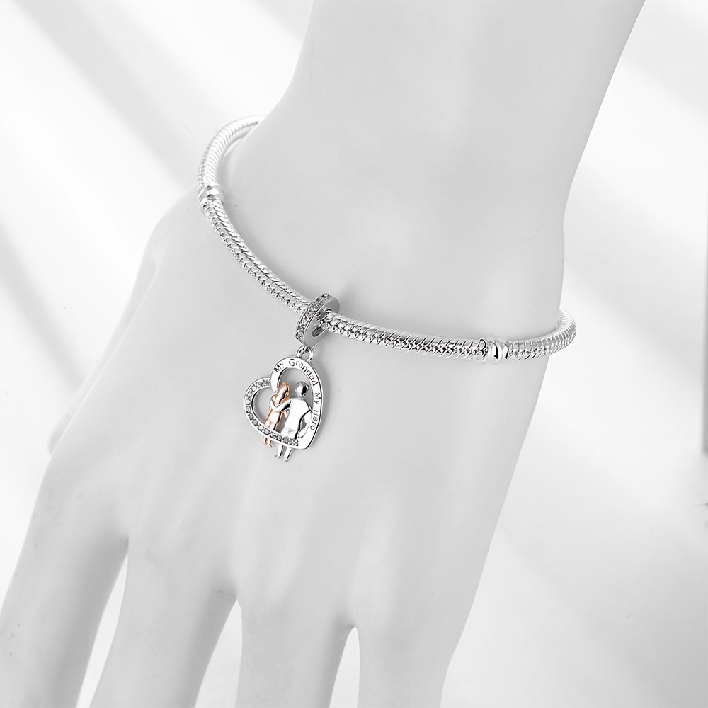 925 Silver My Grandad My Hero Heart Design Bracelet Charm