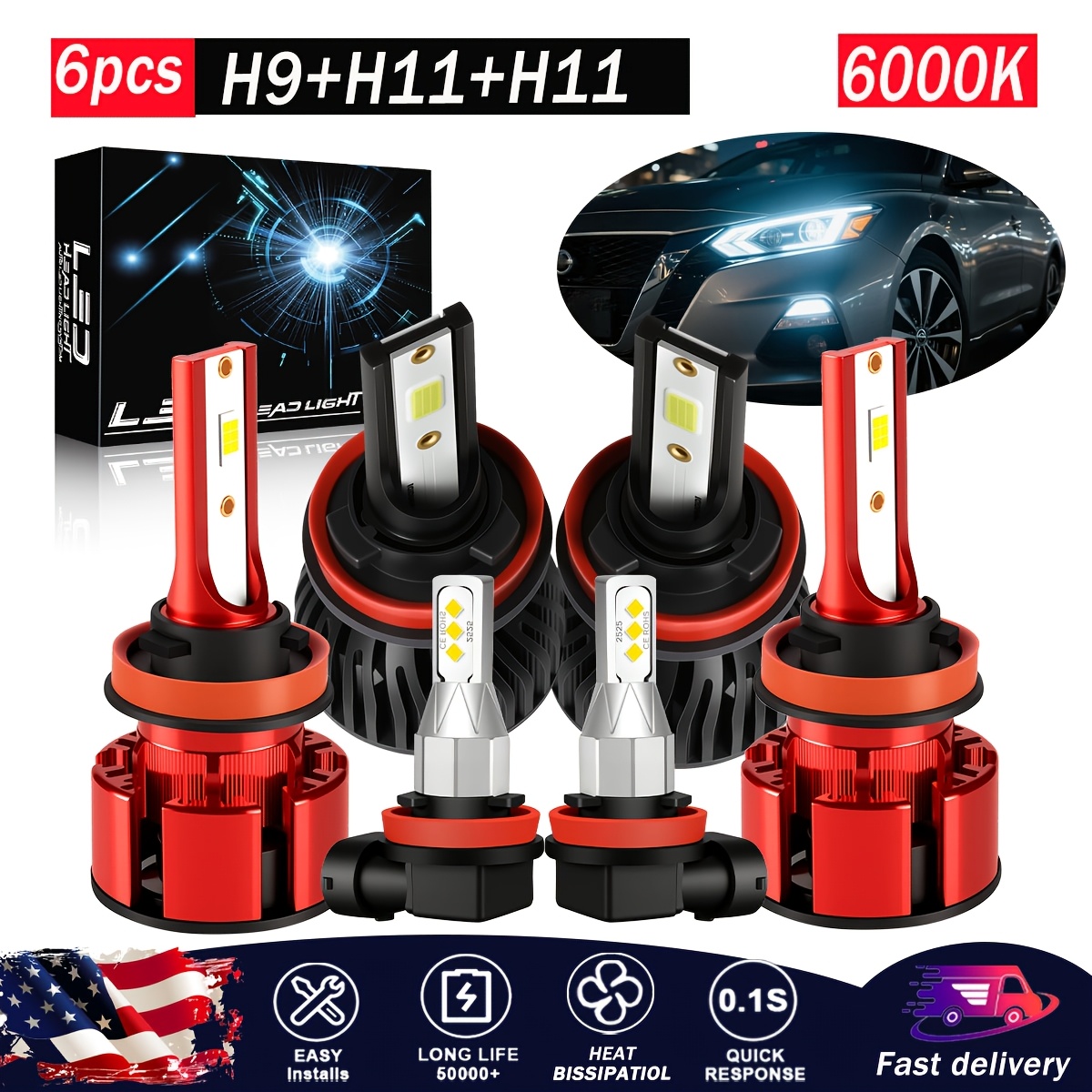 TEMU 6pcs H9 H11 H8/h16 Led Headlight Bulbs Kit, H11/h9 High Beam+h11 Low Beam+h11/h8 Fog Lamp Bulbs Combo, 6000k White, 100000lm, Led Bulbs