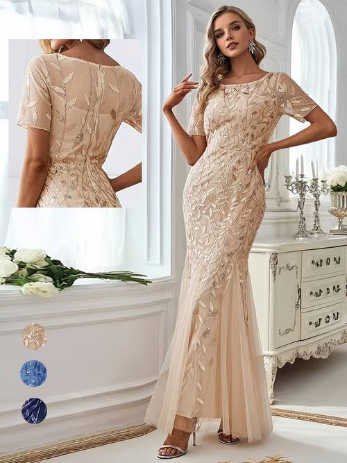 elegant and sophisticated european and end evening dress neck short sleeved sequined fishtail banquet annual meeting light luxury celebrity birthday party prom long dress