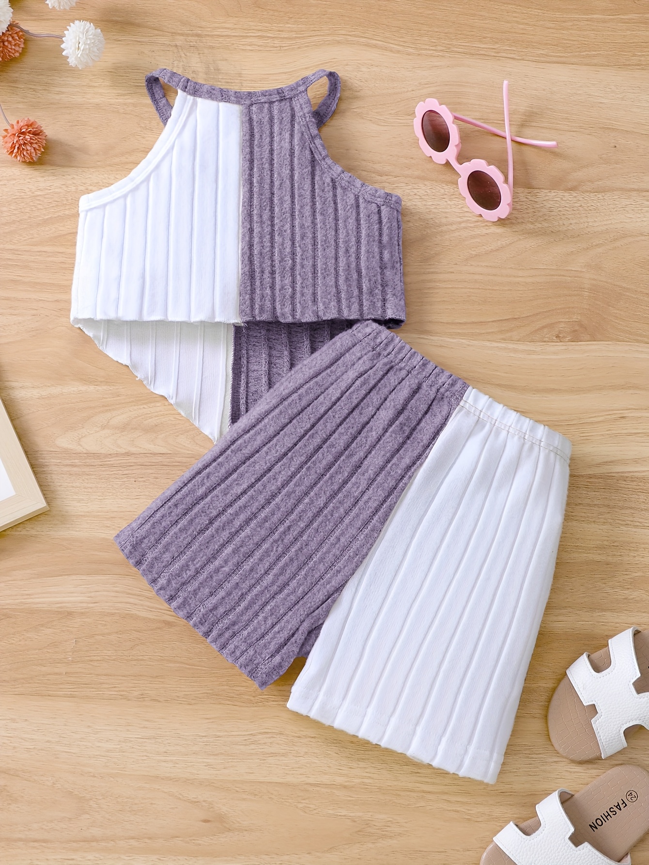 Girls 2pcs Summer Outfit Set, Knitted Polyester & Elastane, Solid Color Halter Neck Top with Bow Detail & Matching Shorts, Casual Fit for Playtime & Outings, for Outdoor