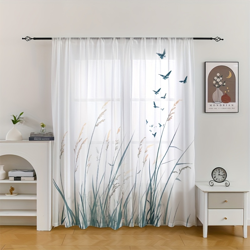 TEMU 2 pièces de Rideaux en Mousseline Transparente - Imprimé Floral Réversible avec Oiseaux et , 100% Polyester à Poche pour Tringle, Décoration