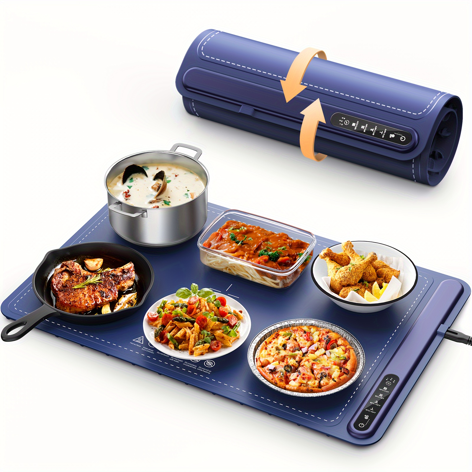 

Food Warming Mat - Fast Heating Silicone Electric Warming Tray With 4 Level Temperature, Raised Feet Protects Table, Roll Up Buffet Hot Plates Heat Pad, Portable Food Warmer For Parties