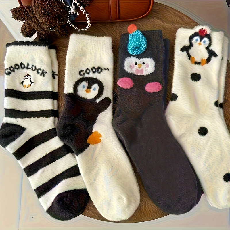 Image of 4 Pairs Of Autumn And Winter Cartoon Penguin Warm Socks For S, Soft Plush Thickened Home Floor Slippers