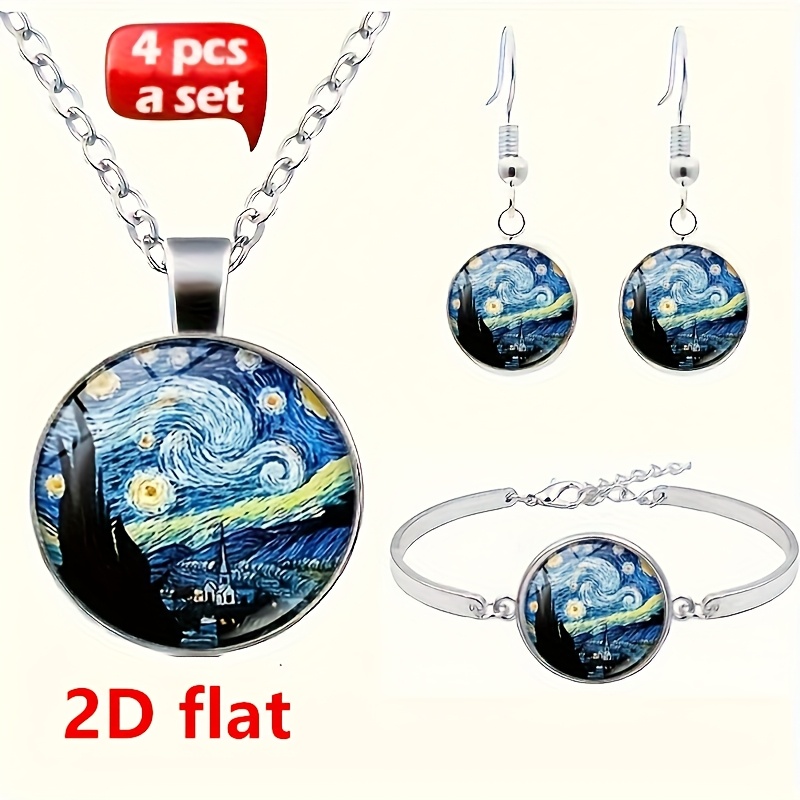 Image of 2d Flat Fashion Charm Jewelry Painting Round Glass Alloy Pendant Necklace Earrings Bracelet Bracelet Set (total 4pcs) Jewelry Necklace Earrings Bracelet Bracelet Set Women's Fashion Gifts