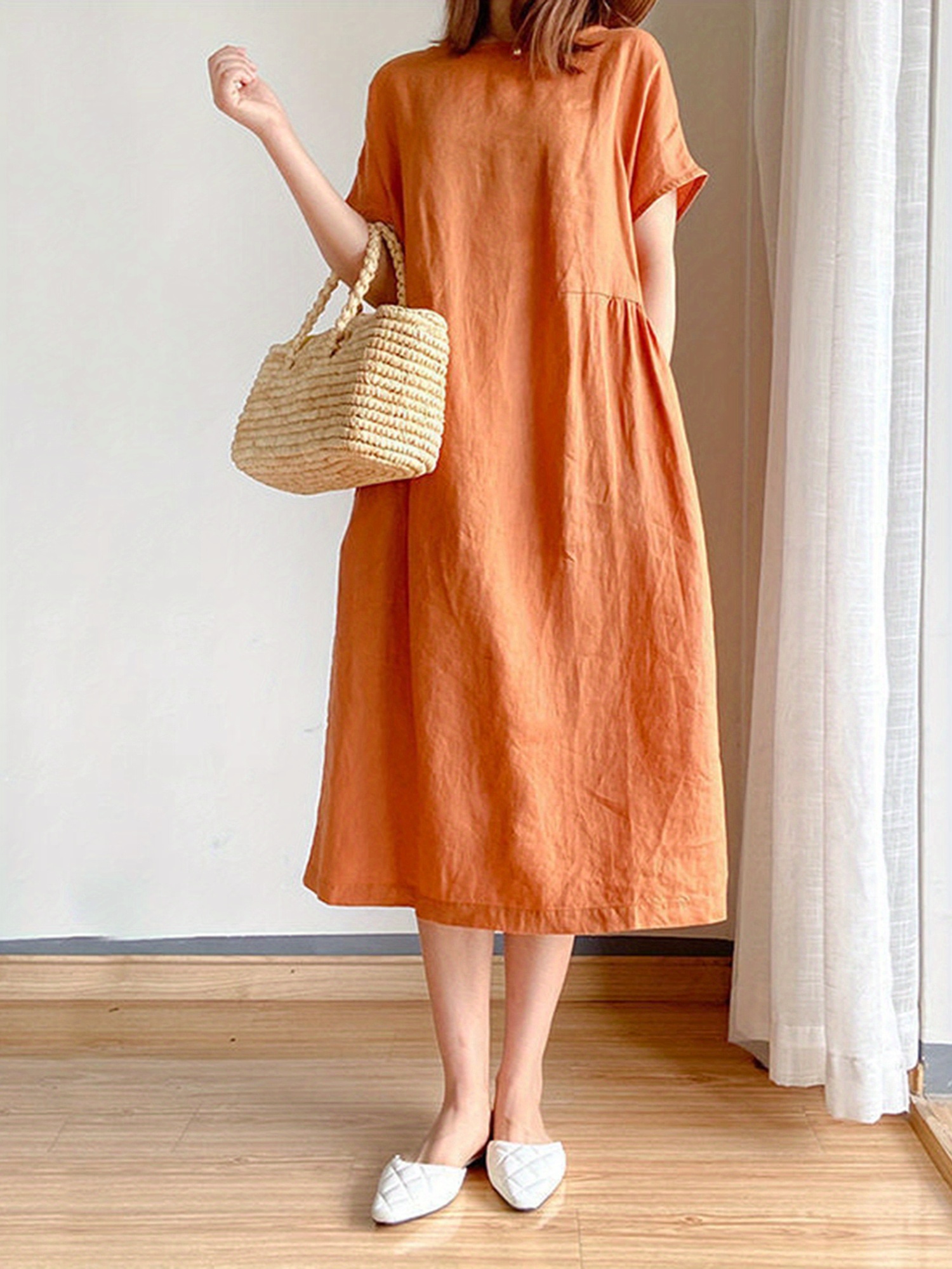 womens elegant summer midi linen dress short sleeve round - Temu