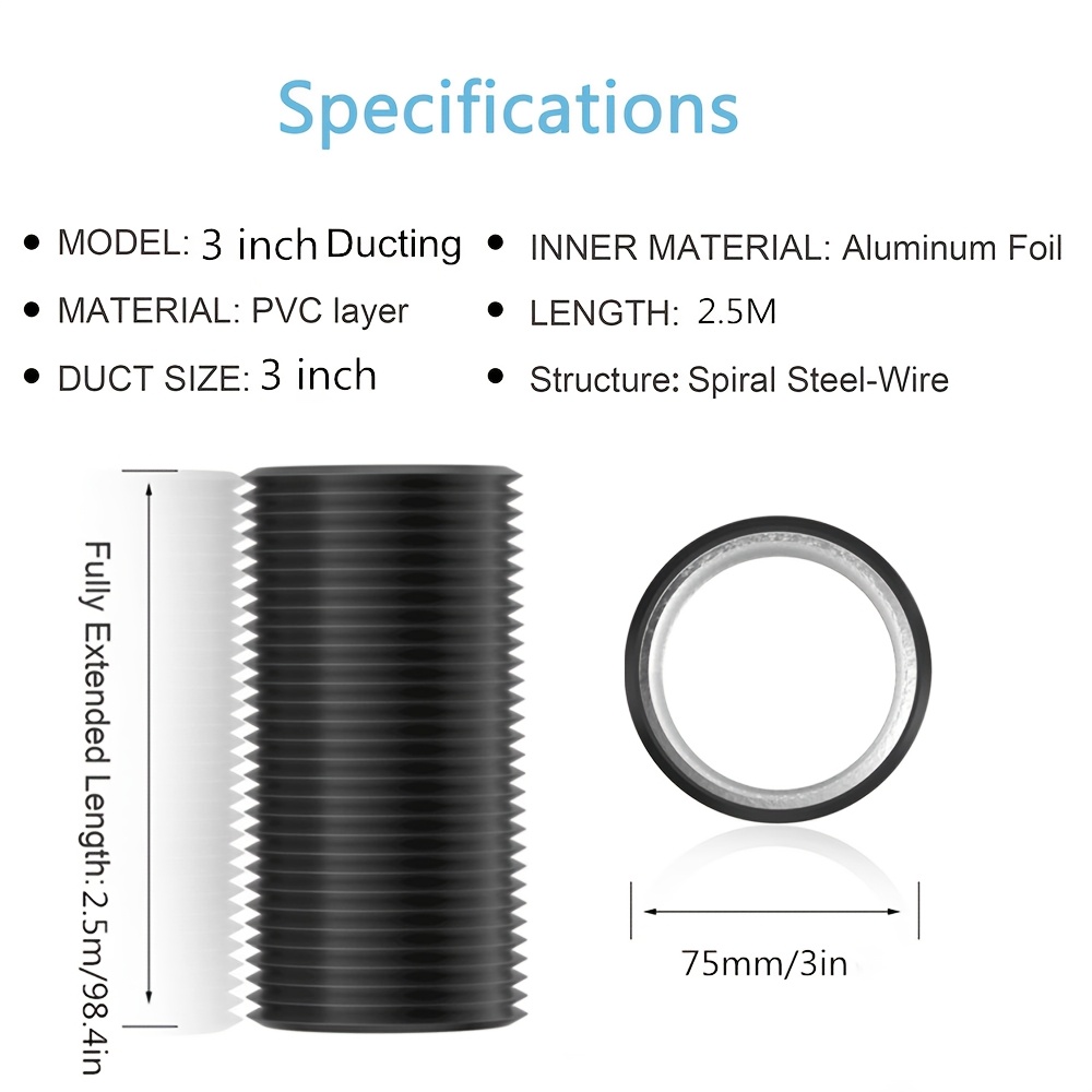 75mm/100mm/150mm Pvc Hose, With 2 Hose Clamps, With Aluminium Insulation In Professional-- Heat Insulation L Ventilation Hose, Length 2.5 Meters