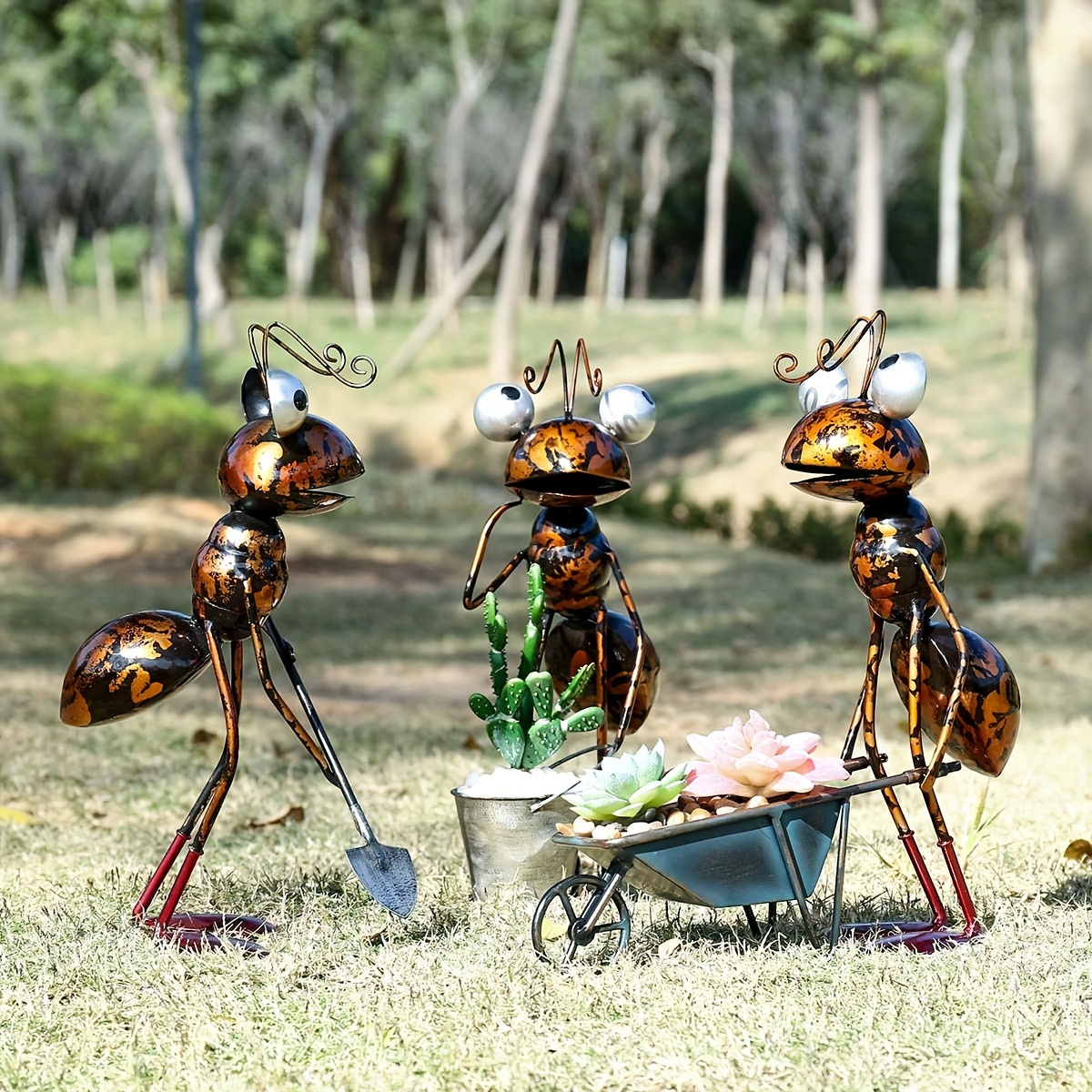 

1pc, Metal Ant Sculpture, Handicraft, Wrought Iron Cartoon Ant, Bucket Cart, Garden Or Home Desktop Decor, Retro Decoration, Storage Function Perfect Gift