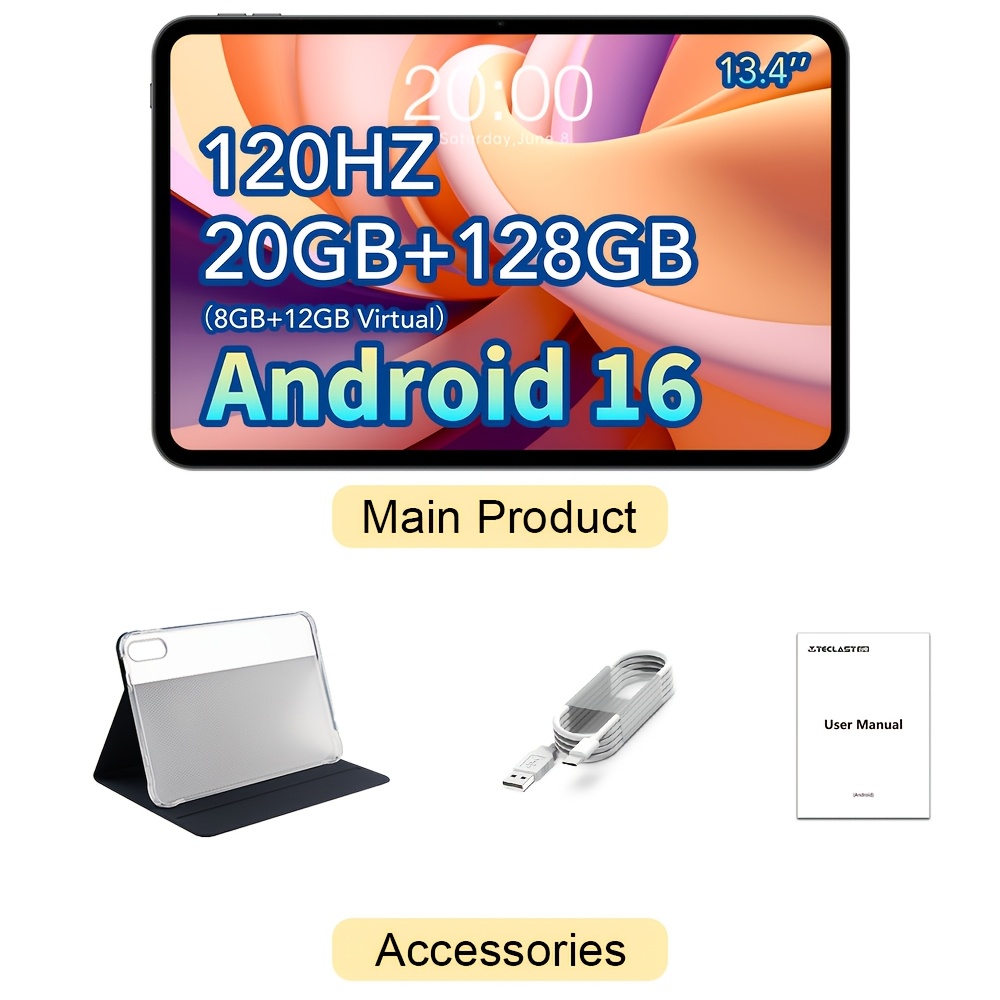 Image of Teclast T65 Tablet Pc 13.4-inch Pad, 20gb(8gb+12gb Virtual) 128gb Rom Android16, 120hz Refresh Rate -core Cpu, Lte Support , 8000mah Battery Type-c Charging 13mp Camera, Dual-band Wi-fi Tablet