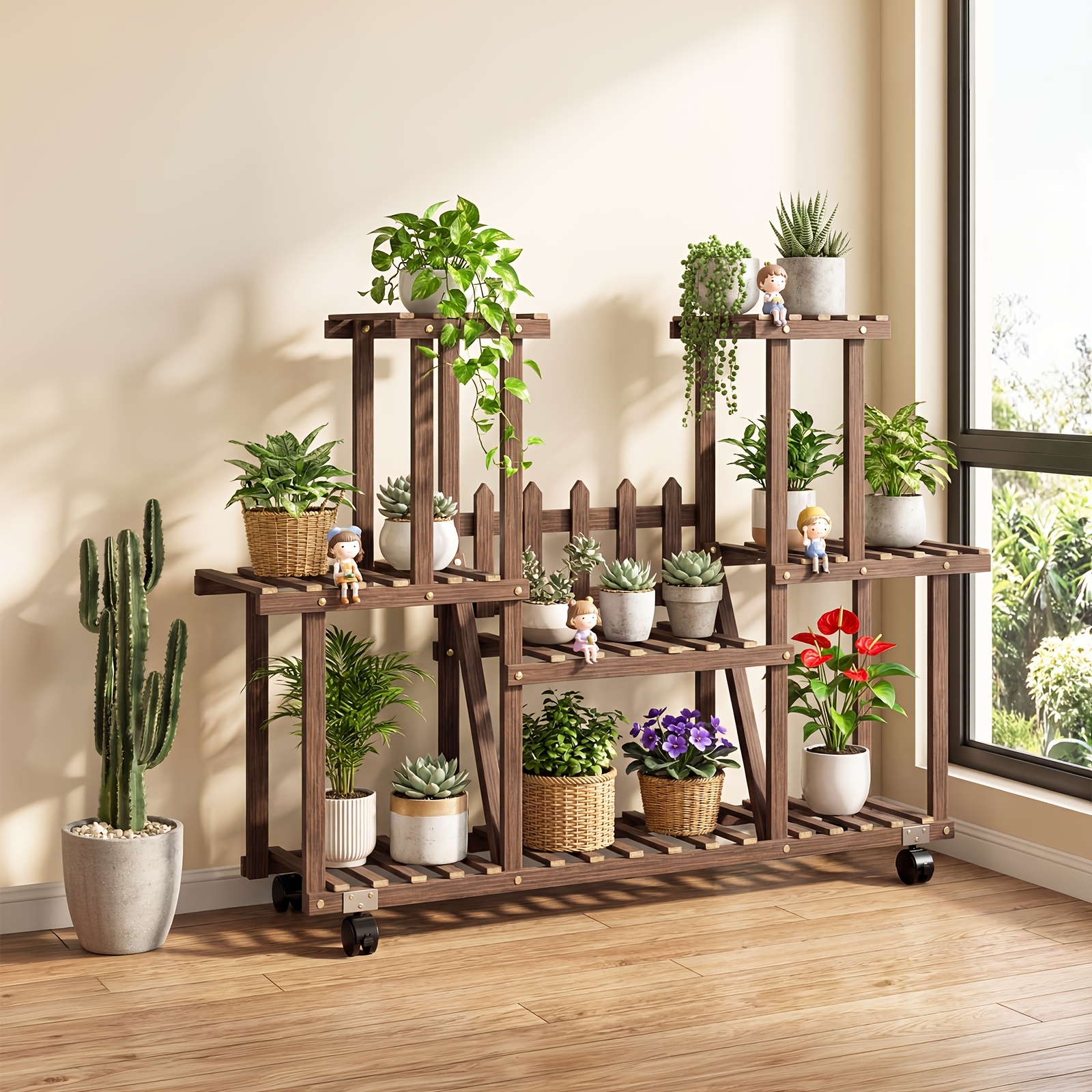 Image of Multi Tier Plant Stand, 6 Tier Wooden Shelf With Wheels Carbonized Color + Vertical Storage Patio Space, H Shape Movable Flower Shelf, For Gardening Plant Stand Display